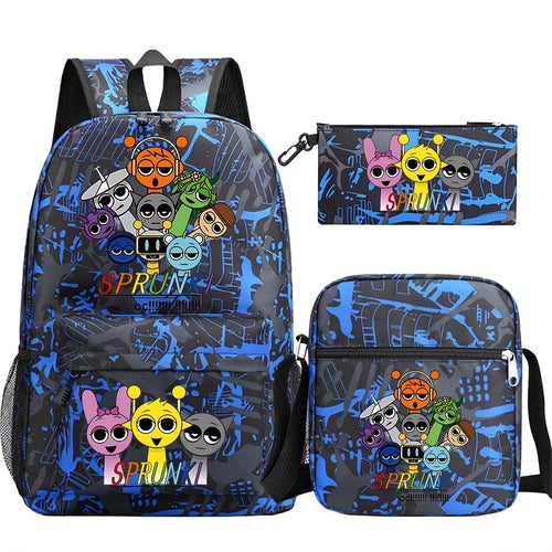 3pcs Set - Student School Bag, Rhythm Box Cartoon Game Print Backpack Men'S Outdoor Lightweight Shoulder Bag Pen Pouch Casual School Ba