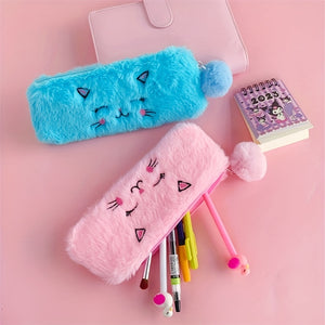 1pc Korean Cartoon Plush Pen Bag Embroidered Little Cat Cute Girl Stationery Storage Bag Pink Blue Purple Back To School Student Gift