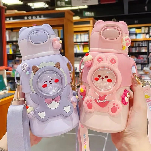 Children's Portable Thermos Water Bottle Boy Girl Cute Cartoon Stainless Steel Water Bottle with Straw Button Pop-up Thermos Cup